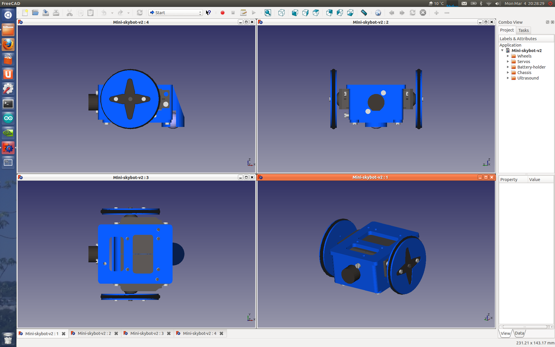 El miniskybot 2 en Freecad 0.13. Vistas superior, frontal y lateral (click para ampliar)